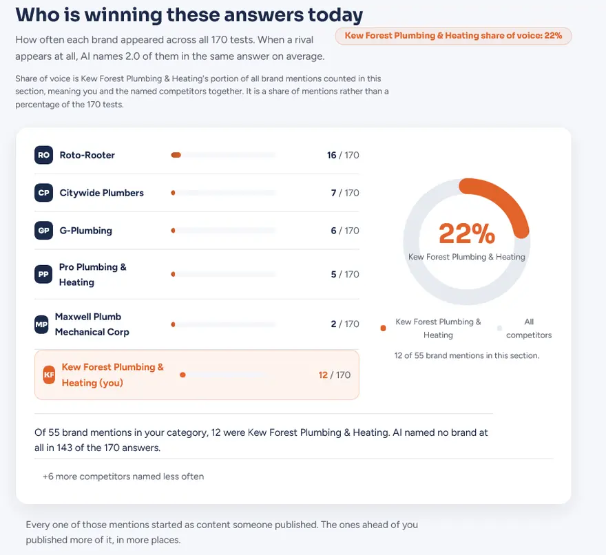 Share of voice chart ranking Roto-Rooter, Maxwell, Pro G and Citywide, with Kew Forest Plumbing and Heating on 22 percent