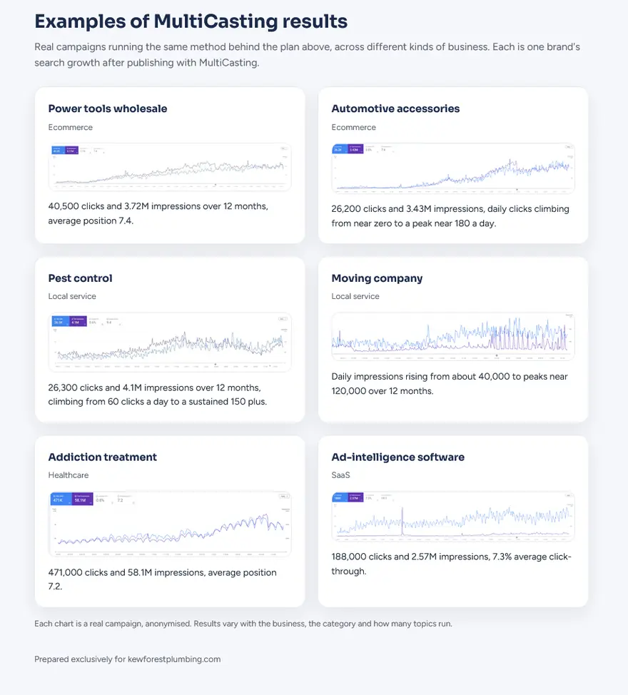 Six real campaign result charts inside the report, covering ecommerce, local service, healthcare and software