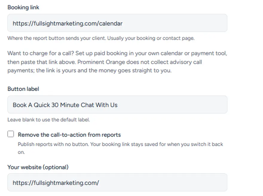 Dashboard settings for the report booking link, button label and destination