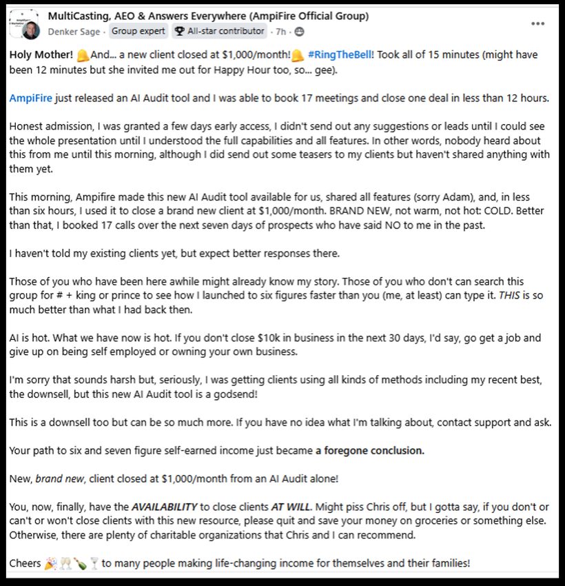Denker Sage posting that he booked 17 meetings and closed a $1,000 a month client in under 12 hours