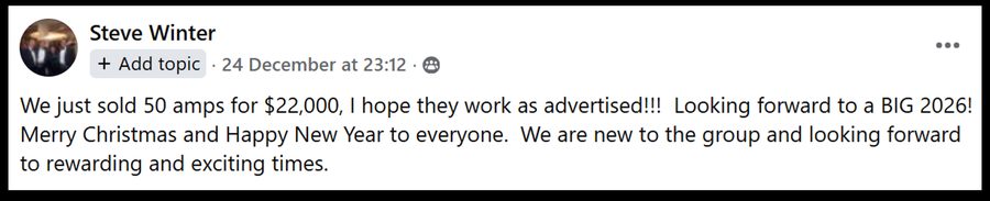 Steve Winter posting that he sold 50 amps for $22,000