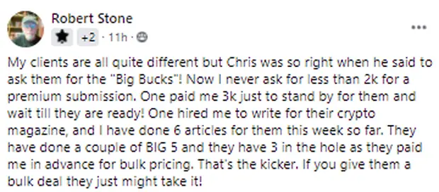 Robert Stone posting that he never asks for less than $2,000 for a premium submission