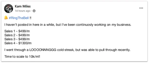 Kam Miles posting four sales ranging from $499 a month to $1,300 a month