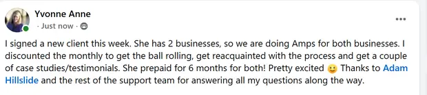 Yvonne Anne posting that she signed a new client this week running Amps for two businesses