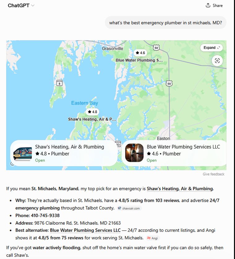 ChatGPT asked for the best emergency plumber in St Michaels, Maryland, naming only Shaw's Heating, Air and Plumbing and Blue Water Plumbing Services