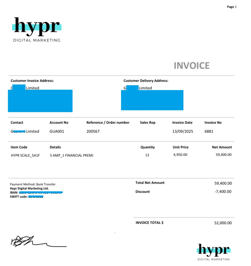 A hypr Digital Marketing invoice with a fifty-two thousand dollar total, from a brand new agency