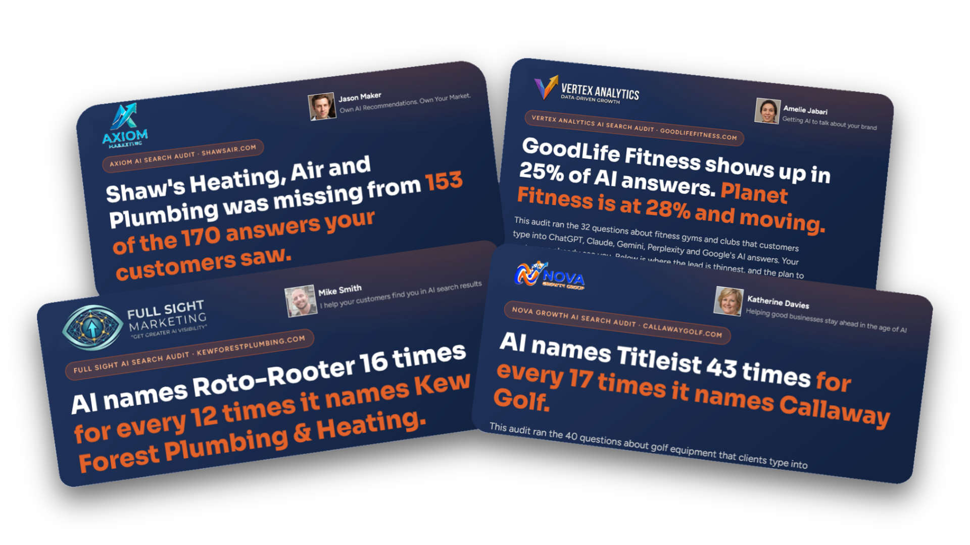 Whitelabelled AI Visibility audit reports carrying different agency brands, logos and senders