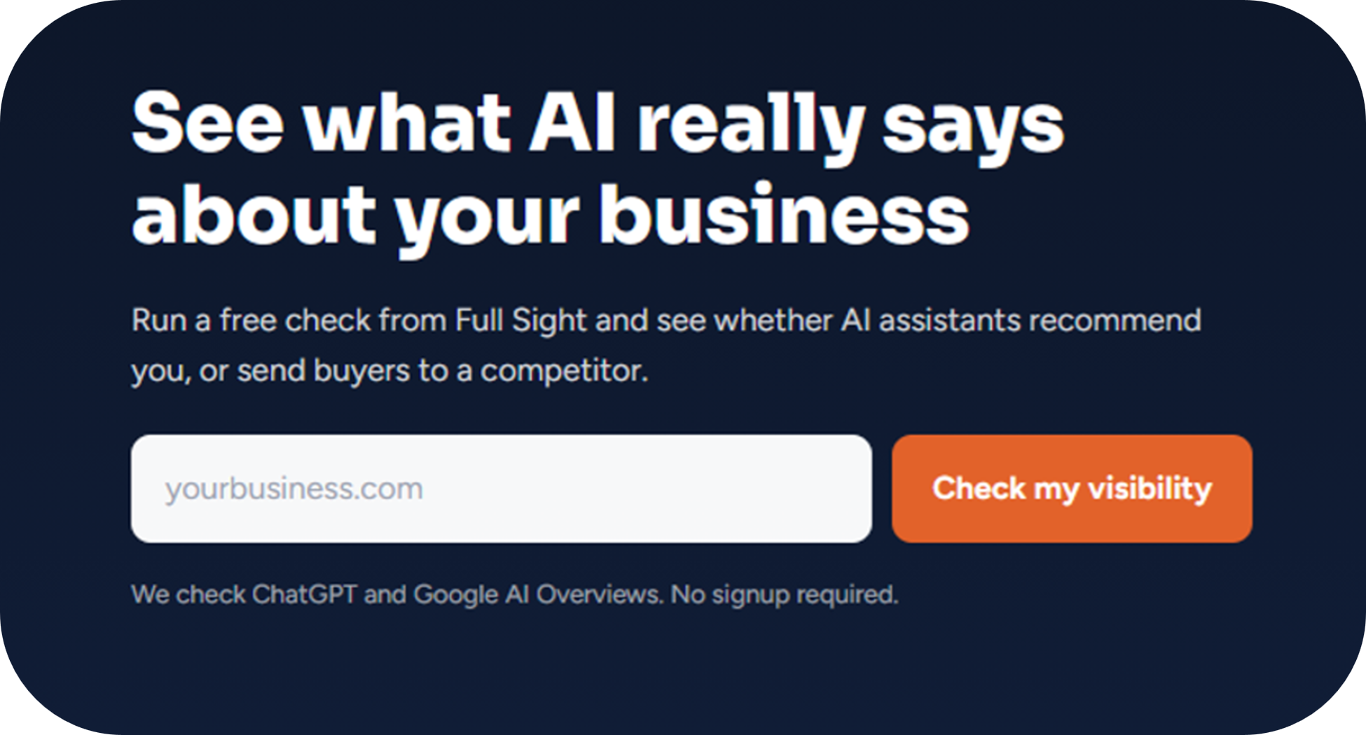 The free AI Visibility Check offer page where a prospect enters their website